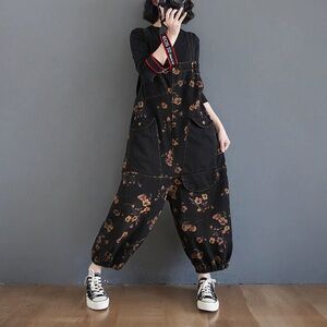 Floral Overall Jumpsuit Wide Leg Boho Retro Size Large Grunge whimsigoth artisan